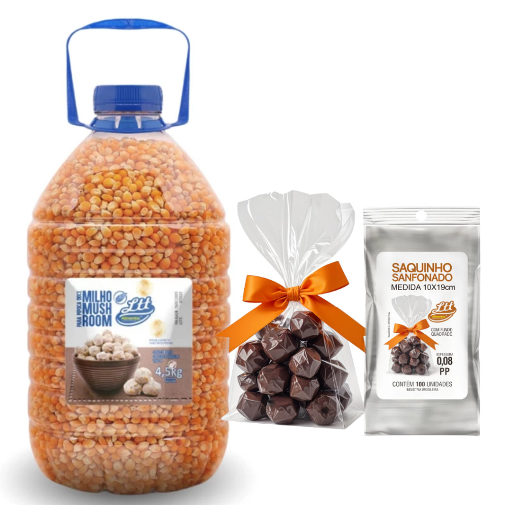 milho mushroom galão 4,5 kilo + 200 Saquinhos Sanfonados Gourmet