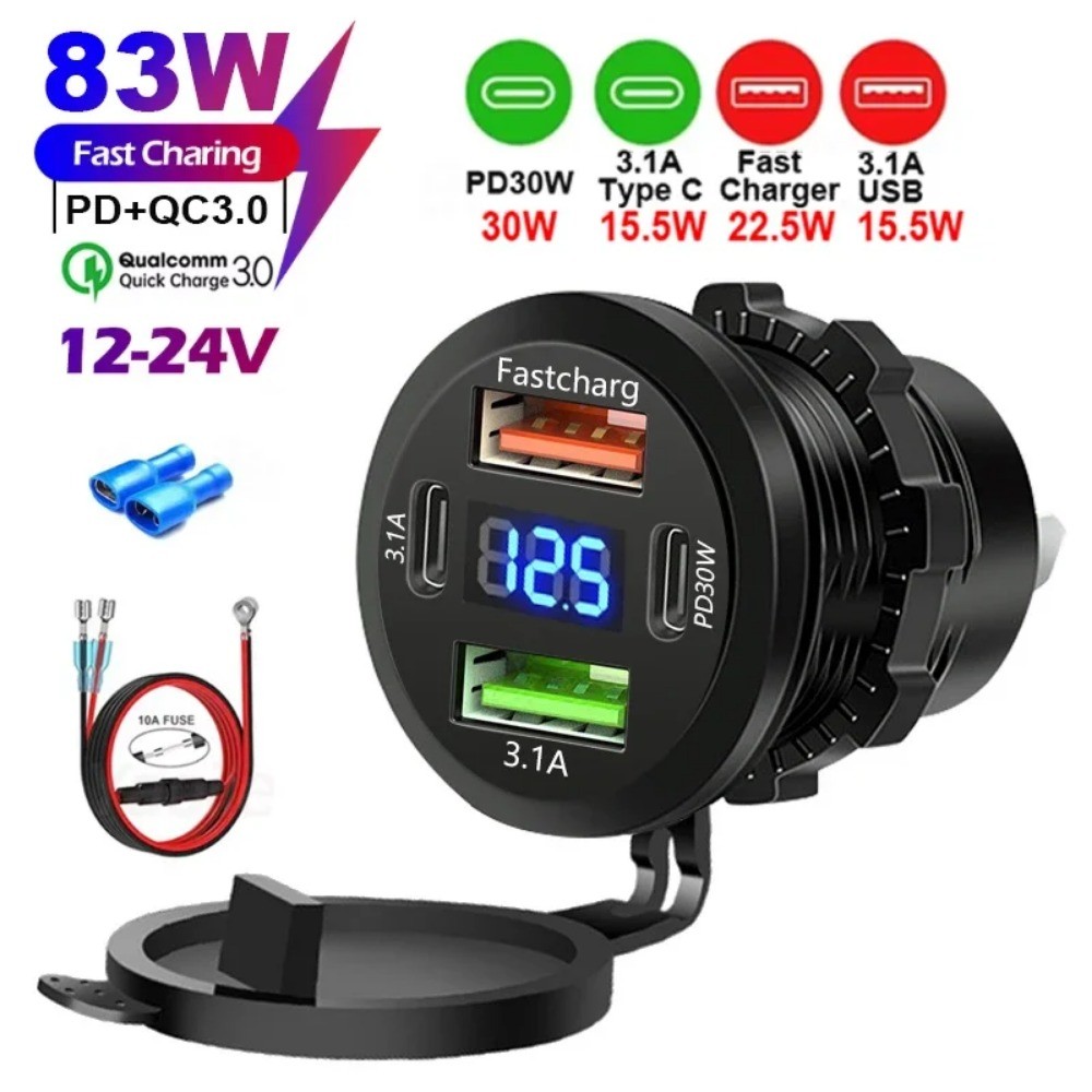Novo 4 Portas Duplo PD QC 3.0 USB Carregador De Carro Com Voltímetro Tomada Adaptador De Energia À Prova Dwaterproof Águ em Oferta na Shopee