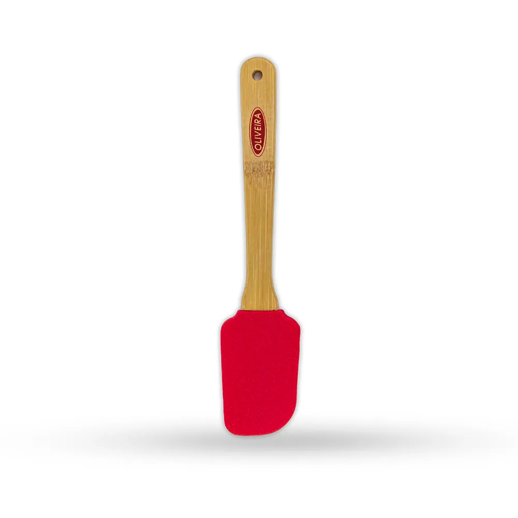 Espátula Silicone Reta Cabo Bambu 25cm Vermelha Alumínio Utensílio Cozinha Oliveira