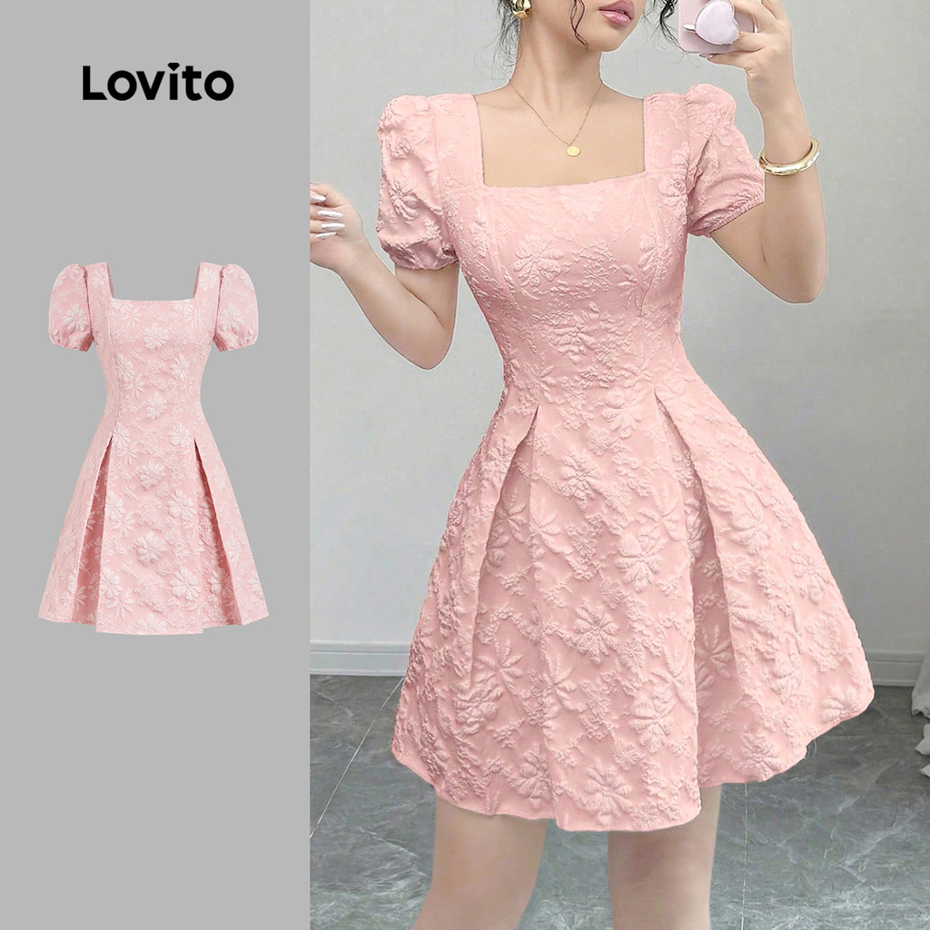 Lovito Vestido Casual Floral Com Zíper Plissado Primavera/Verão Rosa Para Mulheres L134LD036 - Women Clothes
