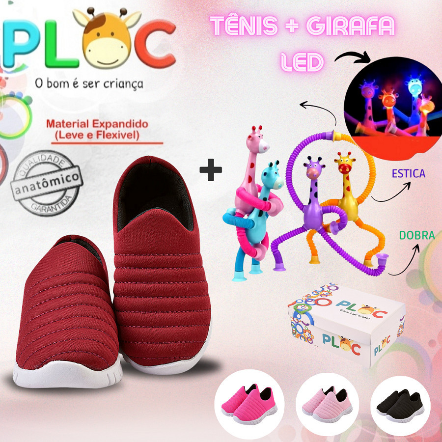 Kit Divertido Ploc - Tênis Calce Fácil Anatômico+ Girafa Ploc LED Estica e Puxa MARSALA MENINA
