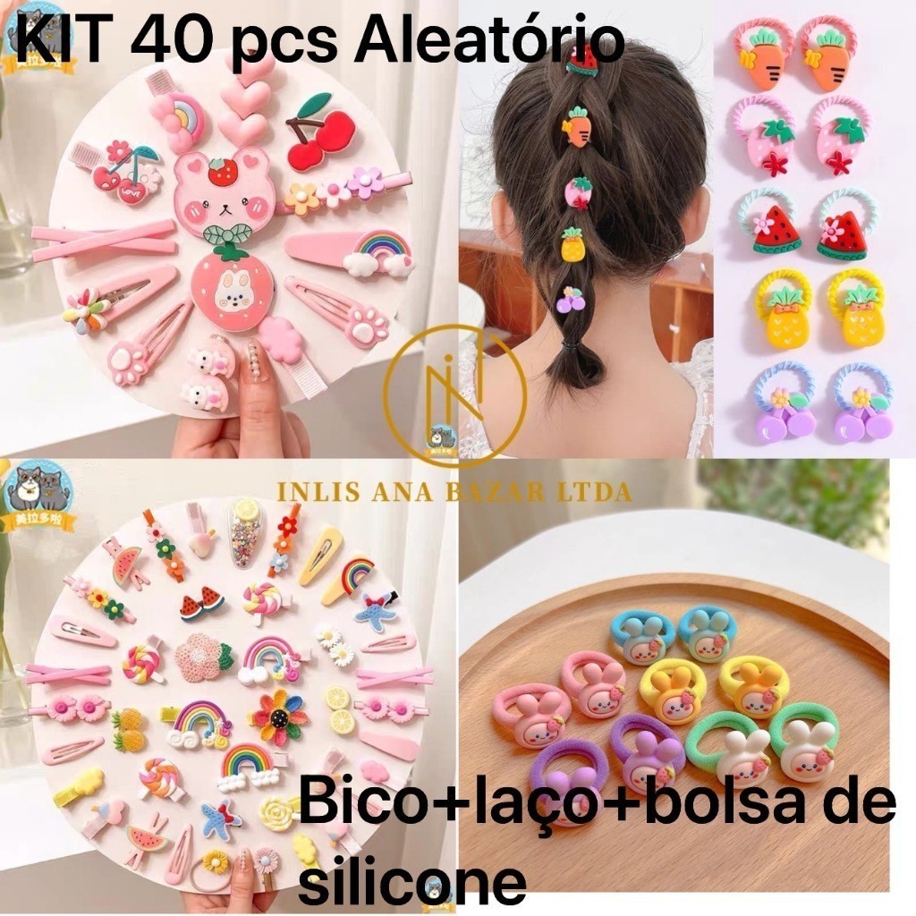 Kit  40unidades Lacos de Bico de pato/Tic tac+ Rabico Com Desenho de Silicone Infantil  Acessórios Para Cabelo em Oferta na Shopee