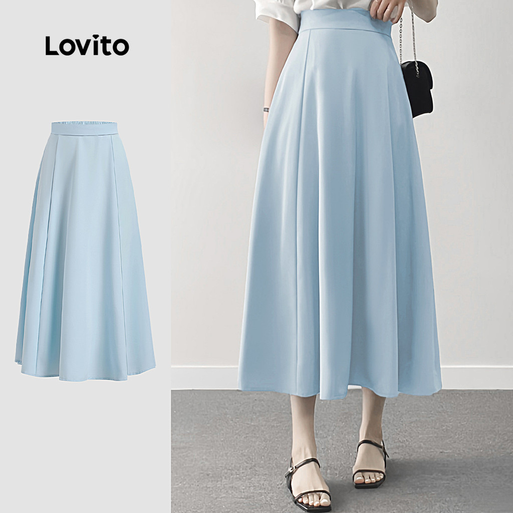 Lovito Saias Casuais Lisas Com Babados Verão Primavera Azul Para Mulheres L134ED271 - Women Clothes