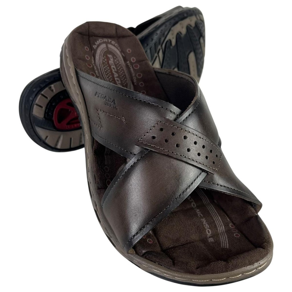 Chinelo Masculino Couro Pegada Amortech Tiras Cruzadas Conforto