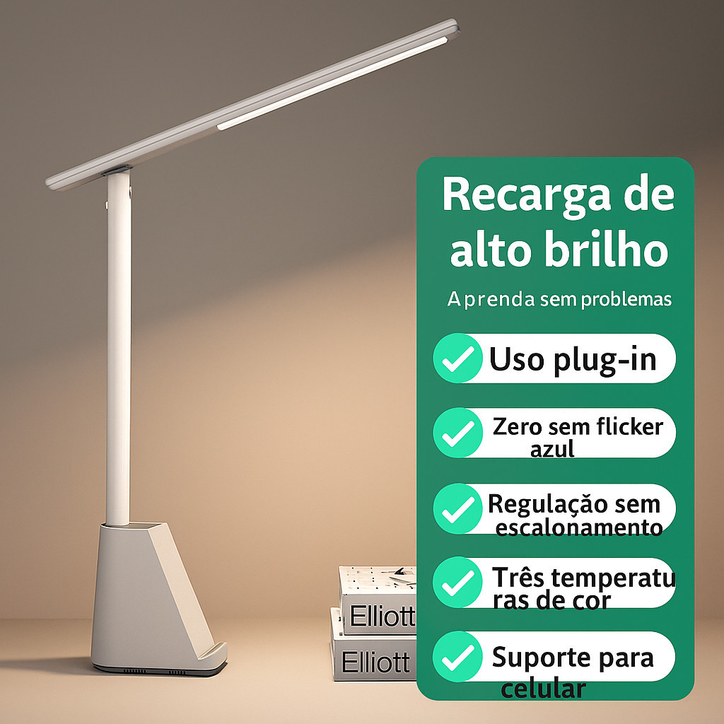 Luminária LED de Mesa com Braço Longo – Ajuste de Brilho Contínuo e Suporte para Celular