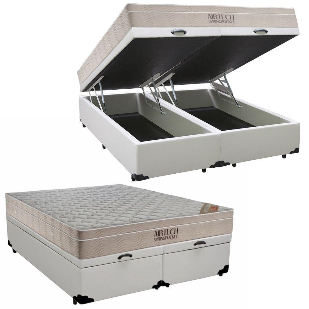 Cama Box Baú King Sintético Bipartido + Colchão Ortobom Airtech Molas Ensacadas 193x203x65 Cor:branco