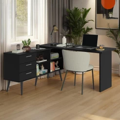 Mesa de Estudos em L 3 Gavetas Preto Lisboa Madesa