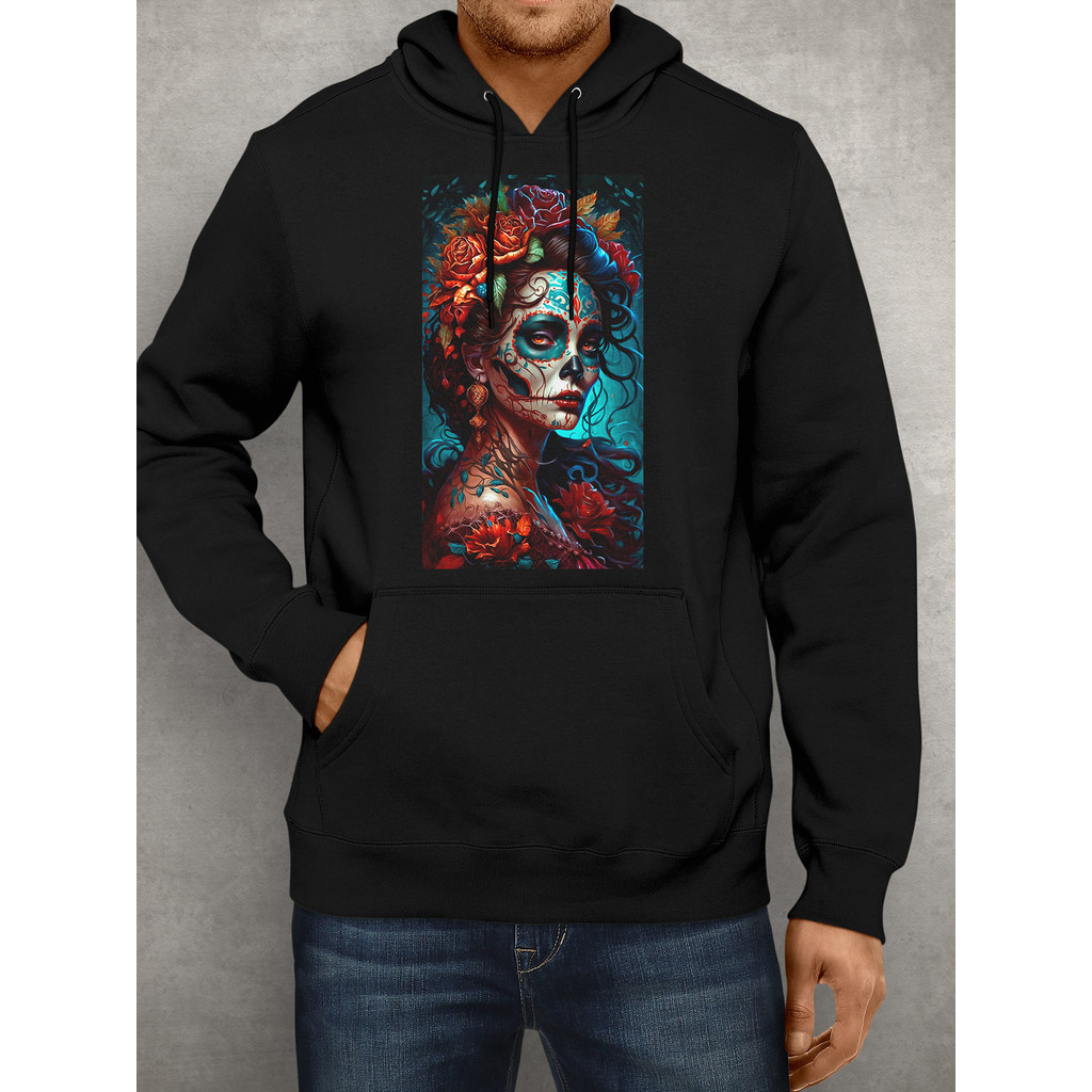 Casaco Moletom La Catrina Caveira Mexicana com Capuz e Bolso Preto Feminino Masculino