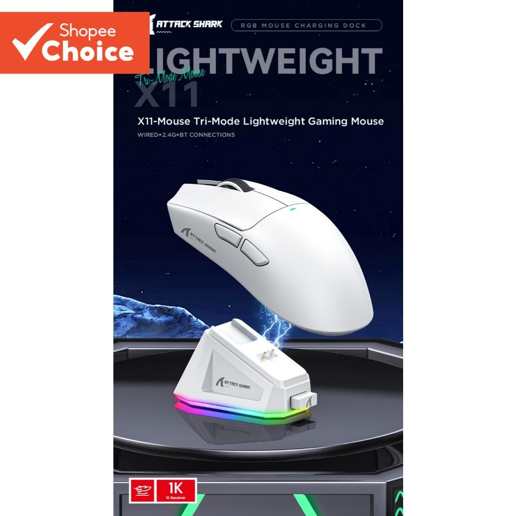 Mouse Attack Shark X11 Sem Fio Bluetooth Três Modos 2.4G BT5.0 22000DPI Recarregável RGB PC Gaming Configuração De Mesa