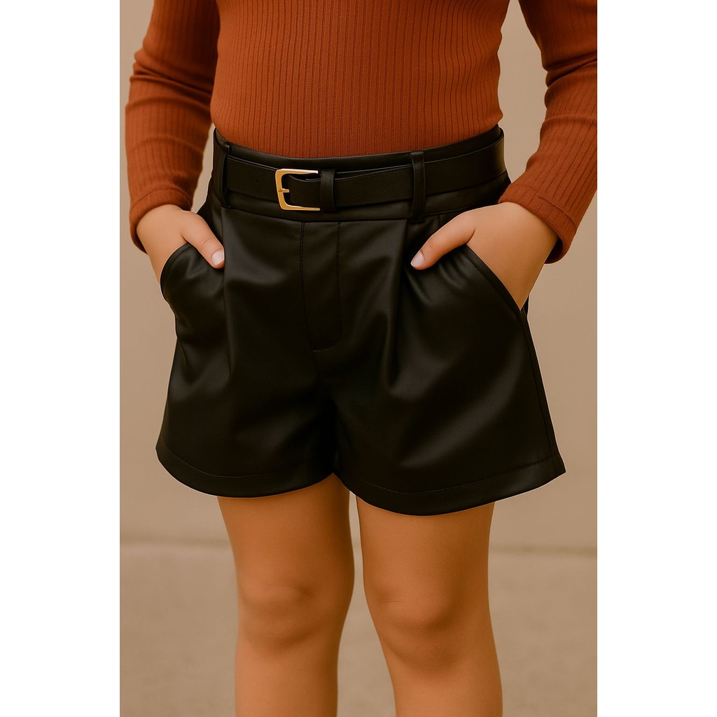 Short Infantil Courino Cirre Preto Premium  Short Infantil Preto Meninas Com Bolso + Cinto Brinde  Moda Blogueirinha