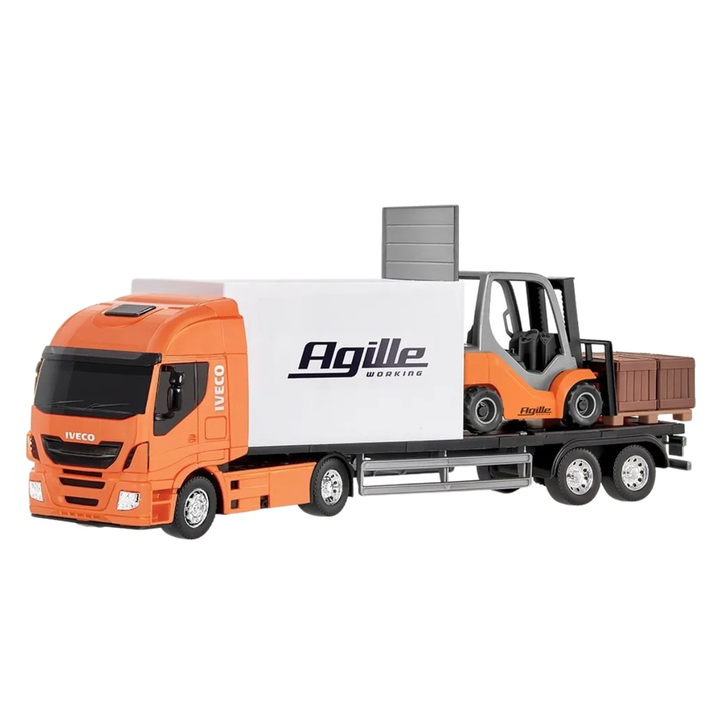 Caminhão Grande 48cm Plataforma Iveco Hi-way C/ Empilhadeira Brinquedo Interativo Para Transporte - Usual
