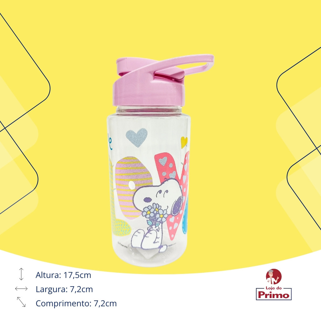 Detalhes do Garrafa Garrafinha De Água Infantil Squeeze Snoopy Love 500ml Plástica Rosa Transparente Bandeirante