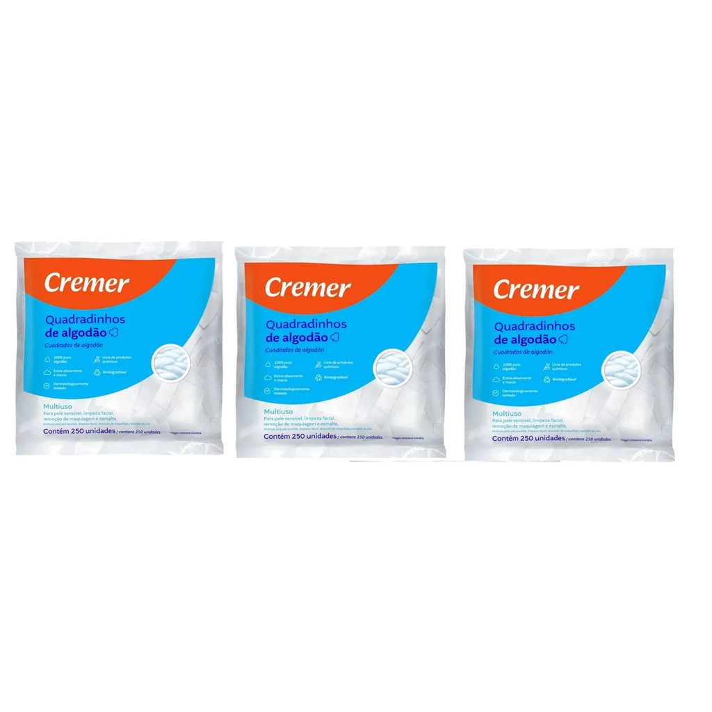 Kit 3x Algodão Quadradinho Cremer Multifunções Com 250 Unid