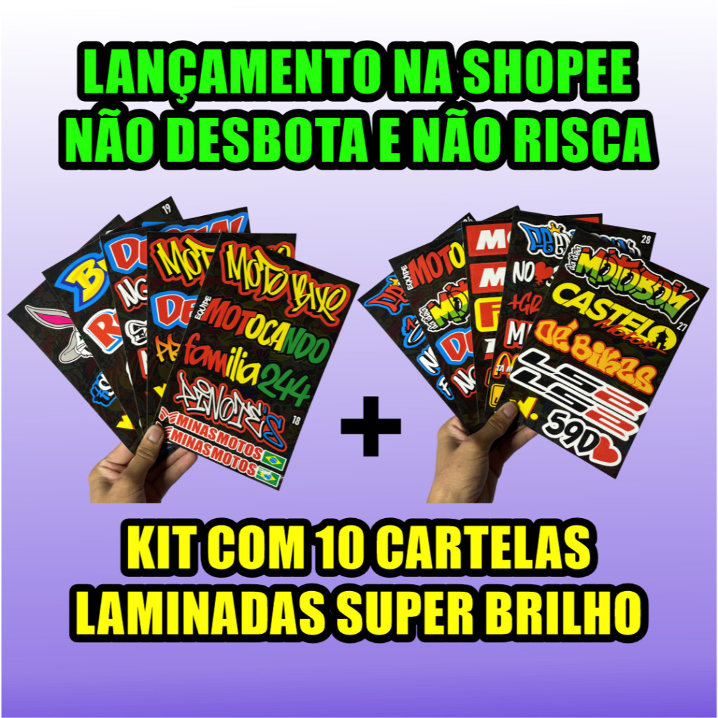 KIT 10 CARTELAS DE ADESIVOS LAMINADAS NÃO RISCA E NÃO DESBOTA LANÇAMENTO ALTA QUALIDADE MOTO CAPACETE BIKE CARRO em Oferta na Shopee