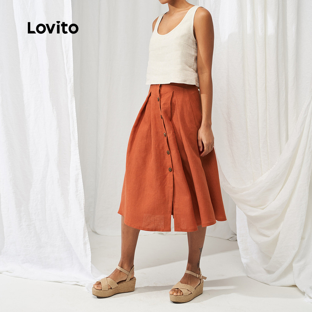 (Trendy) Lovito Casual Liso Botão Plissado Todas As Estações Saias Laranja Queimadas Para Mulheres LBL25315 - Women Clothes