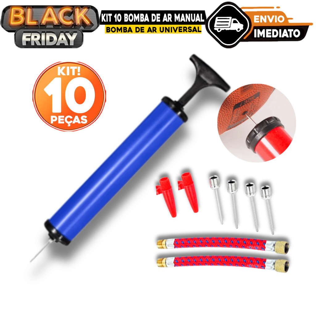 Bomba de Ar Manual 10 Para Encher Bolas Piscina Futebol Vôlei Basquete Boias Kit com Bicos