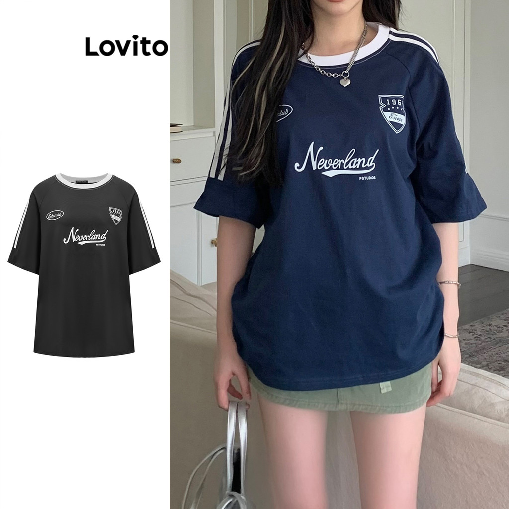 Lovito Camiseta Casual Com Letras Contrastantes E Encadernação De Verão Para Mulheres LNE29081 (Multicolorido) - Women Clothes