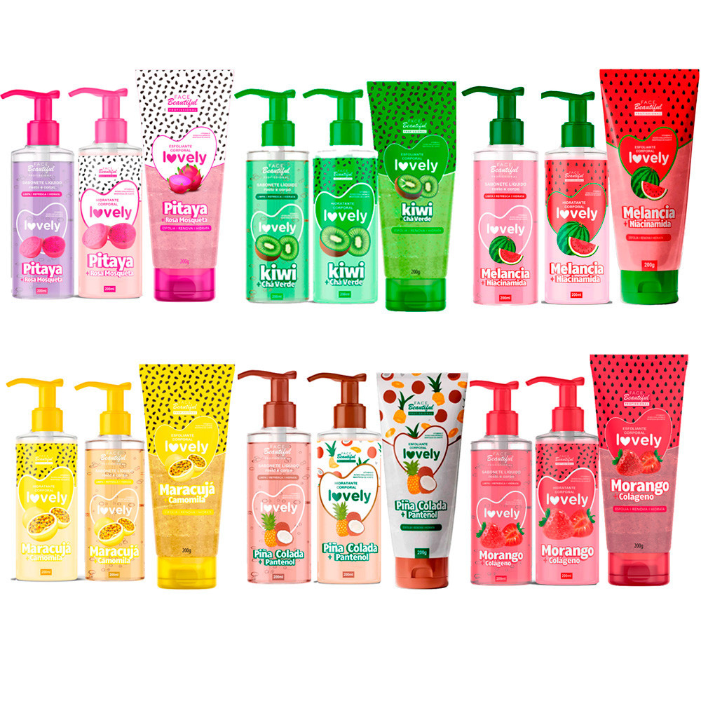 Kit Esfoliante 200ml + Sabonete 200 ml + Hidratante Corporal 200ml - LOVELY BY FACE BEAUTIFUL