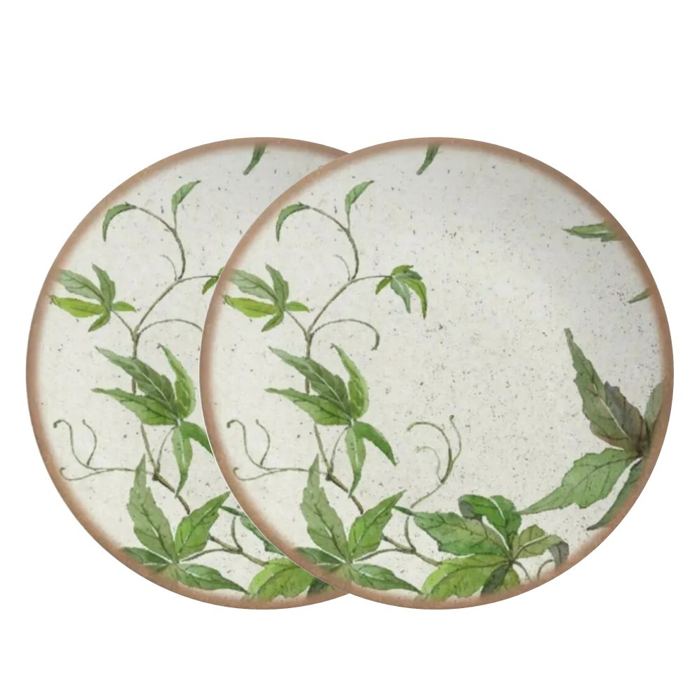 Jogo 2 Pratos de Sobremesa de Cerâmica Off White Coup Tropical Leaves Alleanza 20cm