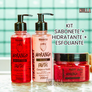 KIT SABONETE + HIDRATANTE + ESFOLIANTE MORANGO CORPO E ROSTO RHENUKS em Oferta na Shopee
