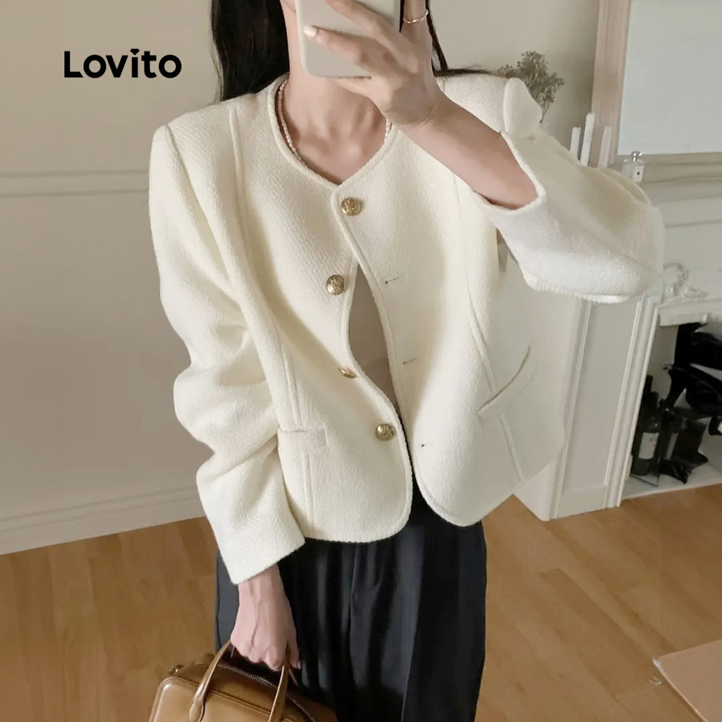 (Trendy) Lovito Casaco Elegante Com Botões Lisos Para Mulheres LBL24572 - Women Clothes