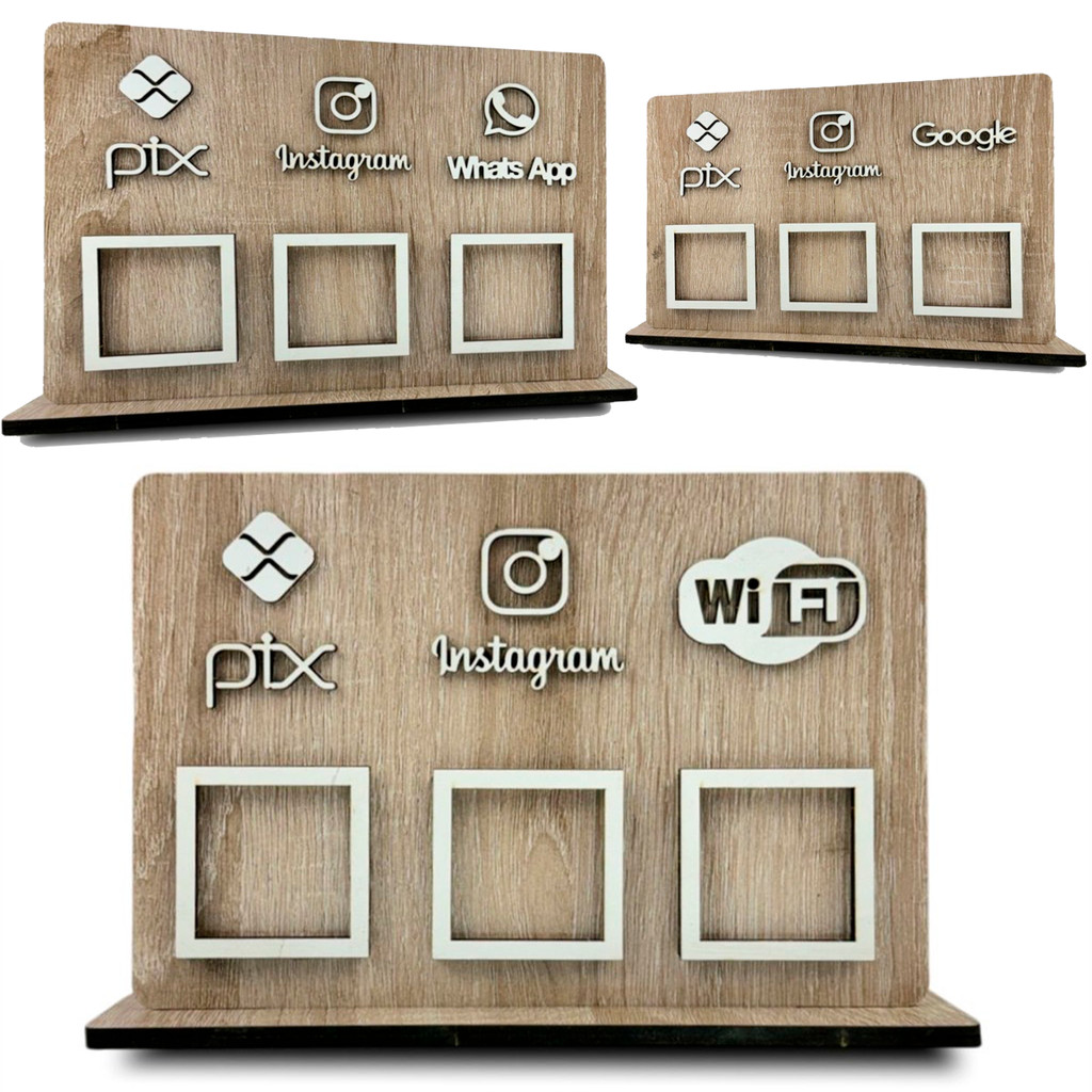 Placa Display de Balcão com 3 QR Codes Pix Instagram WhatsApp e Wi-Fi