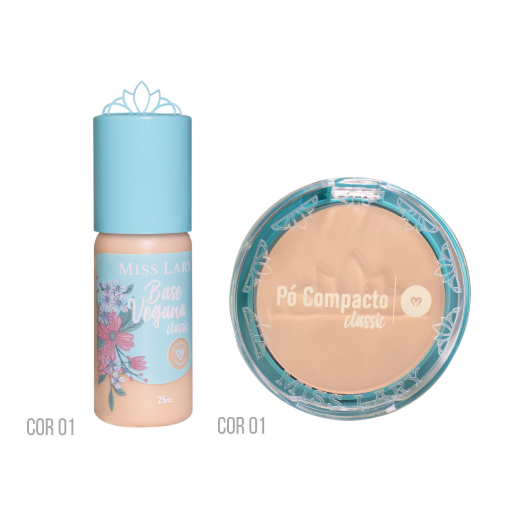KIT BASE VEGANA CLASSIC + PÓ COMPACTO VEGANO CLASSIC MISS LARY ML-402B/ML-402C em Oferta na Shopee