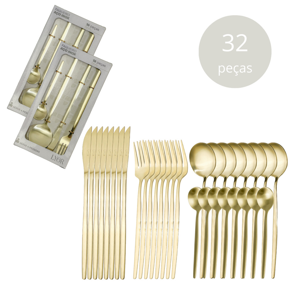 Faqueiro 32 Peças De Aço Inox  Ópera Champanhe Premium Lyor em Oferta na Shopee