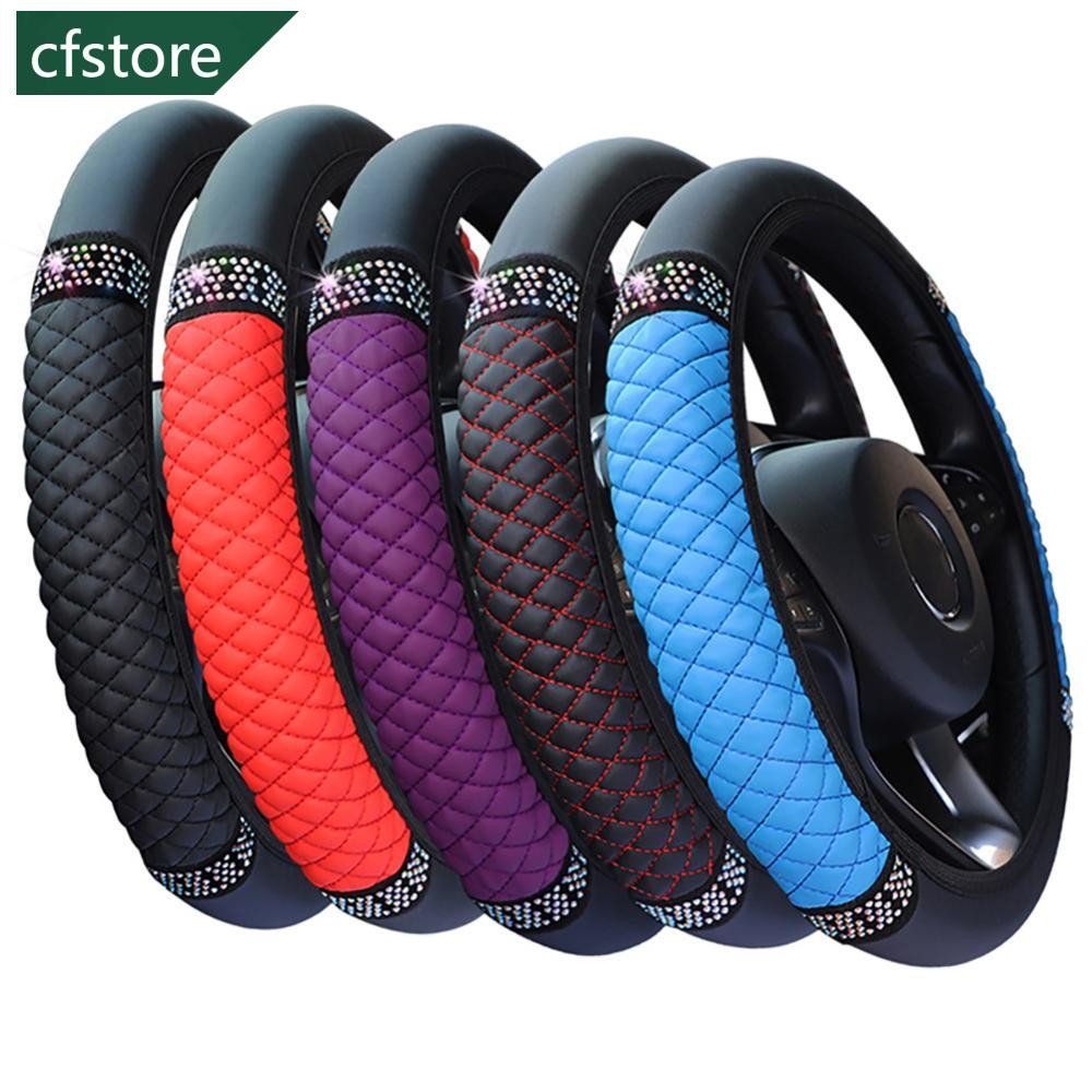CFSTORE 1Pc Capa Universal Para Volante De Carro Em Couro Bordado Cor Cravejada De Diamantes Elástica 37-38cm Four Seaso
