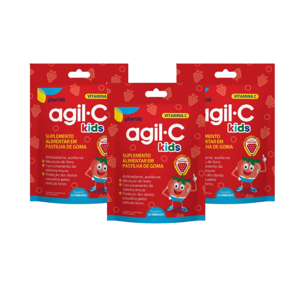 Kit 3 und Agil C Kids Morango 25 Gomas em Oferta na Shopee
