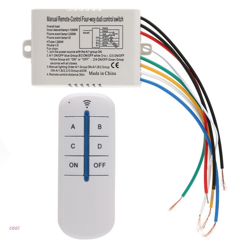 Controle Remoto Wireless 4 Canais ABCD - Interruptor para Ventilador e Lâmpada BIVOLT