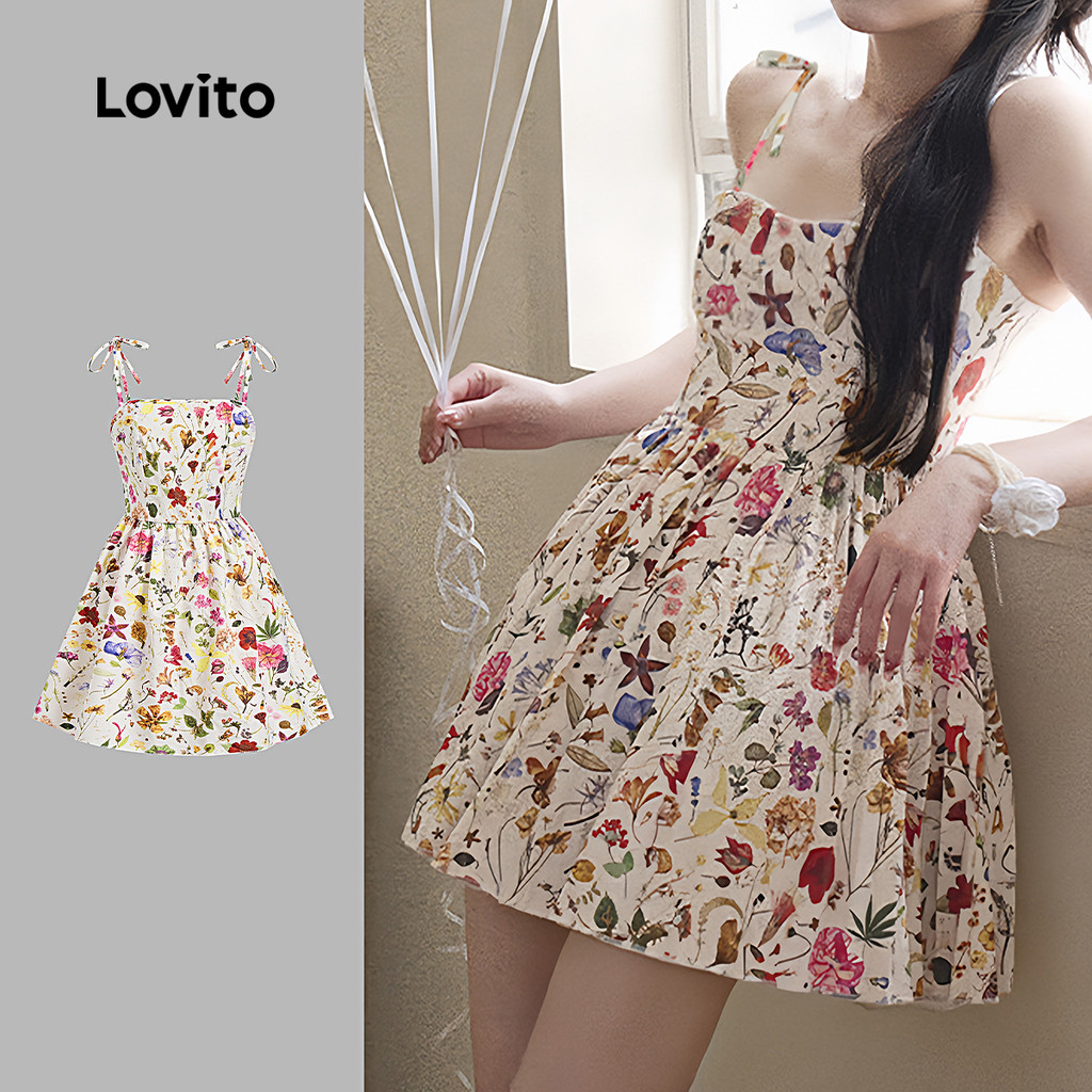 Lovito Vestido Casual Floral Drapeado Com Laço E Renda Primavera/Verão Multicolorido Para Mulheres L136AD146 em Oferta na Shopee