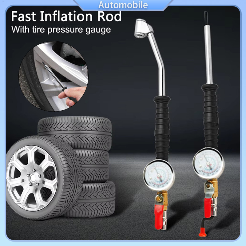 Haste De Inflador De Pneus 0-220Psi , Adaptador De Bico De Ar De Inflação Rápida Com Medidor , Pneu Multiuso Manivela Ma