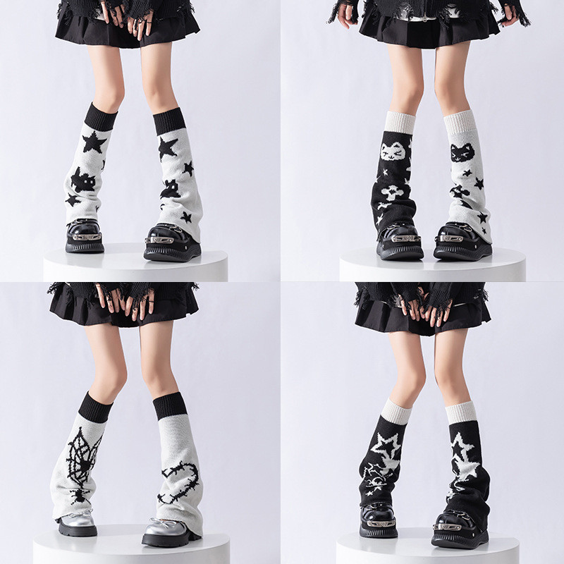 Japonês Bonito Malha Polainas Casual Doce Y2k Gato Estrela Impressão Dois Lados Usar Meias Femininas Vintage Harajuku Qu em Oferta na Shopee