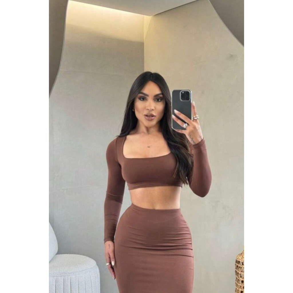 CONJUNTO GRINGA CROPPED MANGA LONGA E SAIA MIDI TUBINHO OUTONO INVERNO FESTA BADALADA SENSUAL em Oferta na Shopee