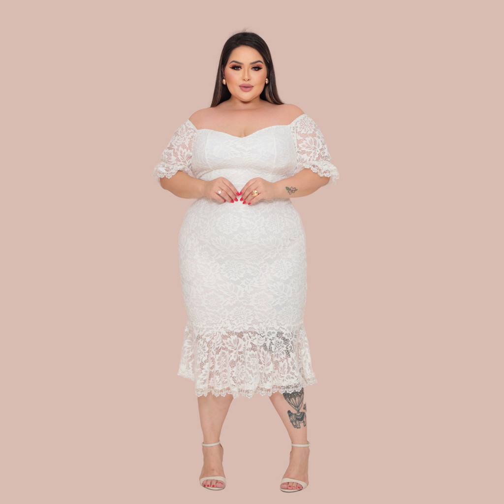 Vestido Branco De Renda Com Manga Curta Plus Size Para Casamento No Civil Para Noiva No Civil
