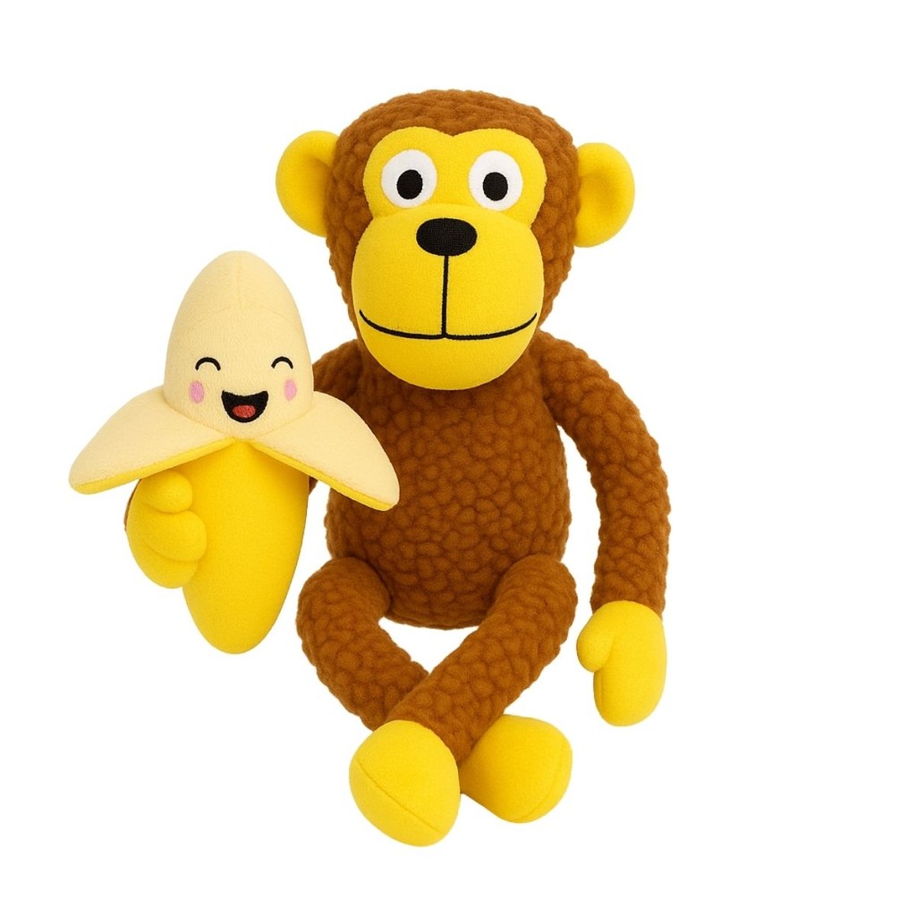 Kit 2 Brinquedo de Cachorro Mordedor Pelúcia Macaco e Banana Pet com Apito Som Bordado Interativo