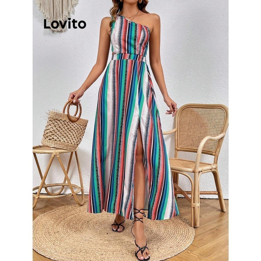 (Trendy) Lovito Vestido Boho Rainbow Stripe Split Vestido De Ombro Frio Para Mulheres LNL77395 - Women Clothes