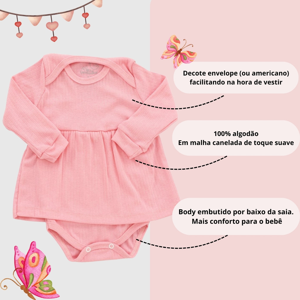 Vestido Body Manga Longa De Bebê Malha Canelada Algodão Confortável MP005-MS-C5