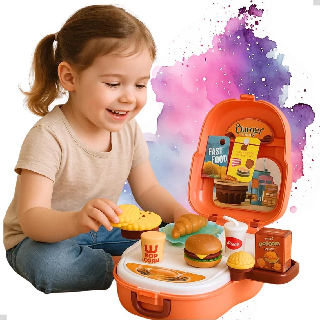 Kit Maletinha Infantil Fast Food 21 Peças Lanche Comidinhas Mochila 3 em 1