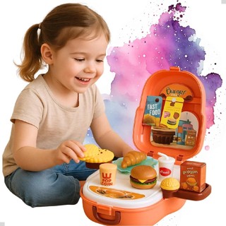 Kit Maletinha Infantil Fast Food 21 Peças Lanche Comidinhas Mochila 3 em 1