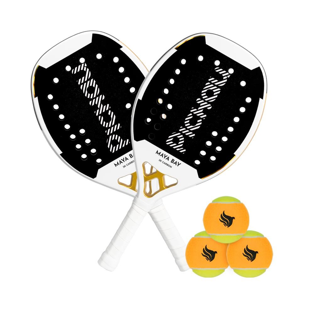 Kit Com 2 Raquetes de Beach Tennis Pichau Maya Bay 3K Carbon + Kit Bolas de Beach Tennis Pichau, Com 3 Unidades