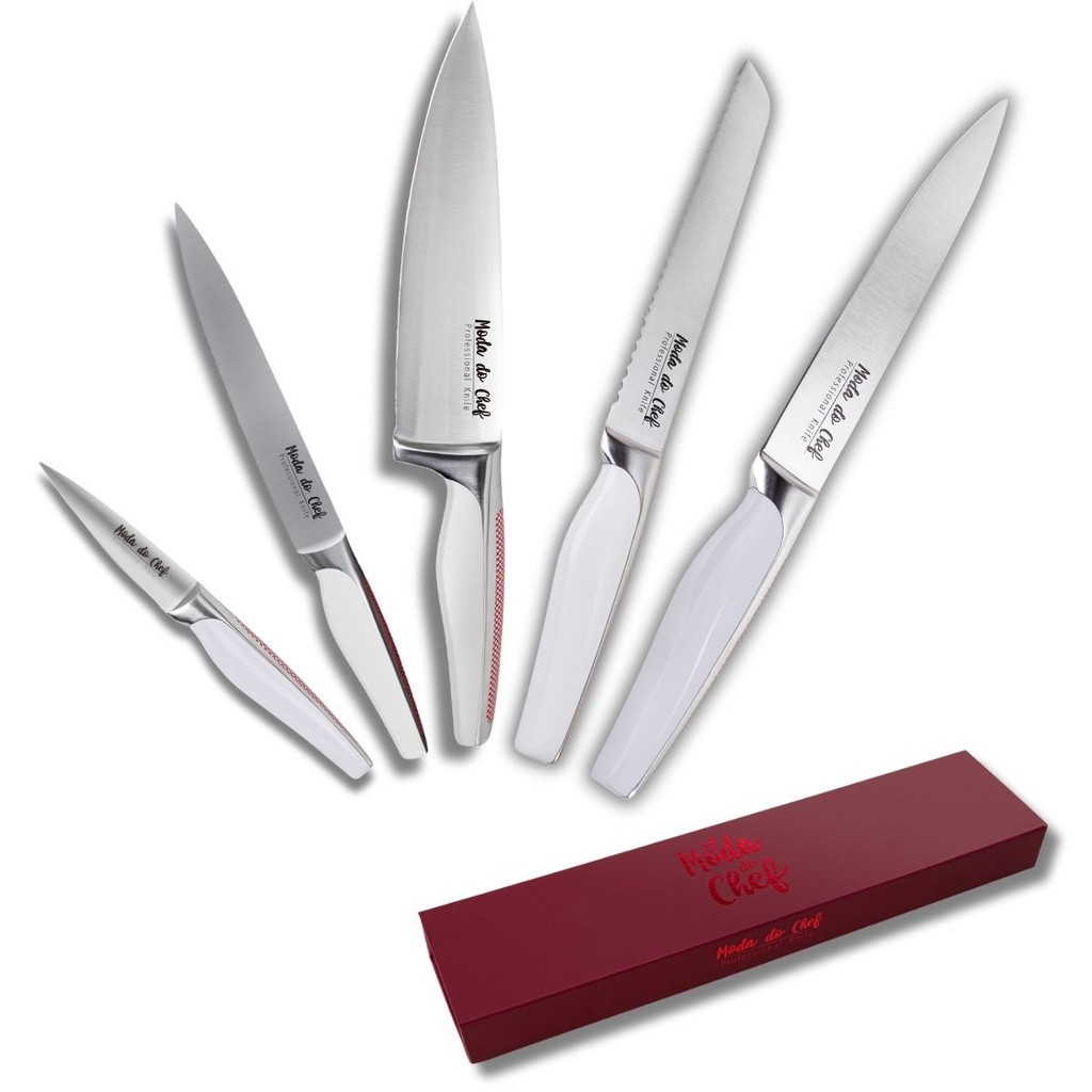 Jogo de Faca Faqueiro 5 Peças Profissional Cozinha Lamina Aço Inox Acompanha Estojo Moda do Chef