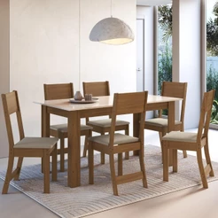 Conjunto Sala de Jantar Fidelitá Veneza Com 6 Cadeiras Freijó/Off-White Assento Bege