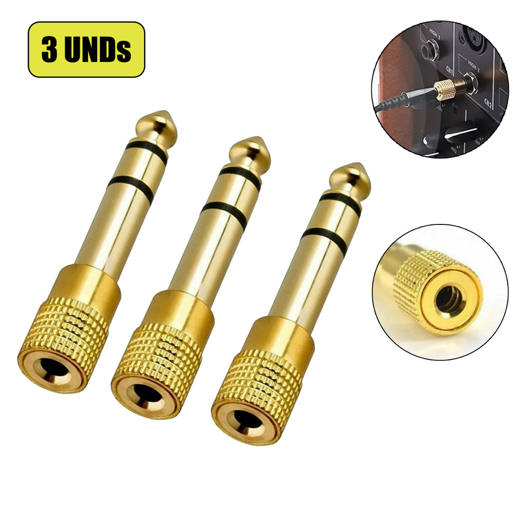 3 Conector Conversor Adaptador P10 Macho 6,35mm Para P2 Fêmea 3,5mm Plug Estéreo Profissional Ouro