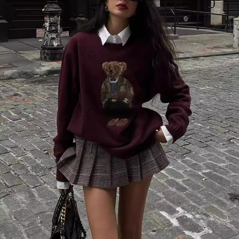 Suéter Slim de Gola Redonda com Bordado de Urso para Mulheres, Estilo Universitário, Outon...