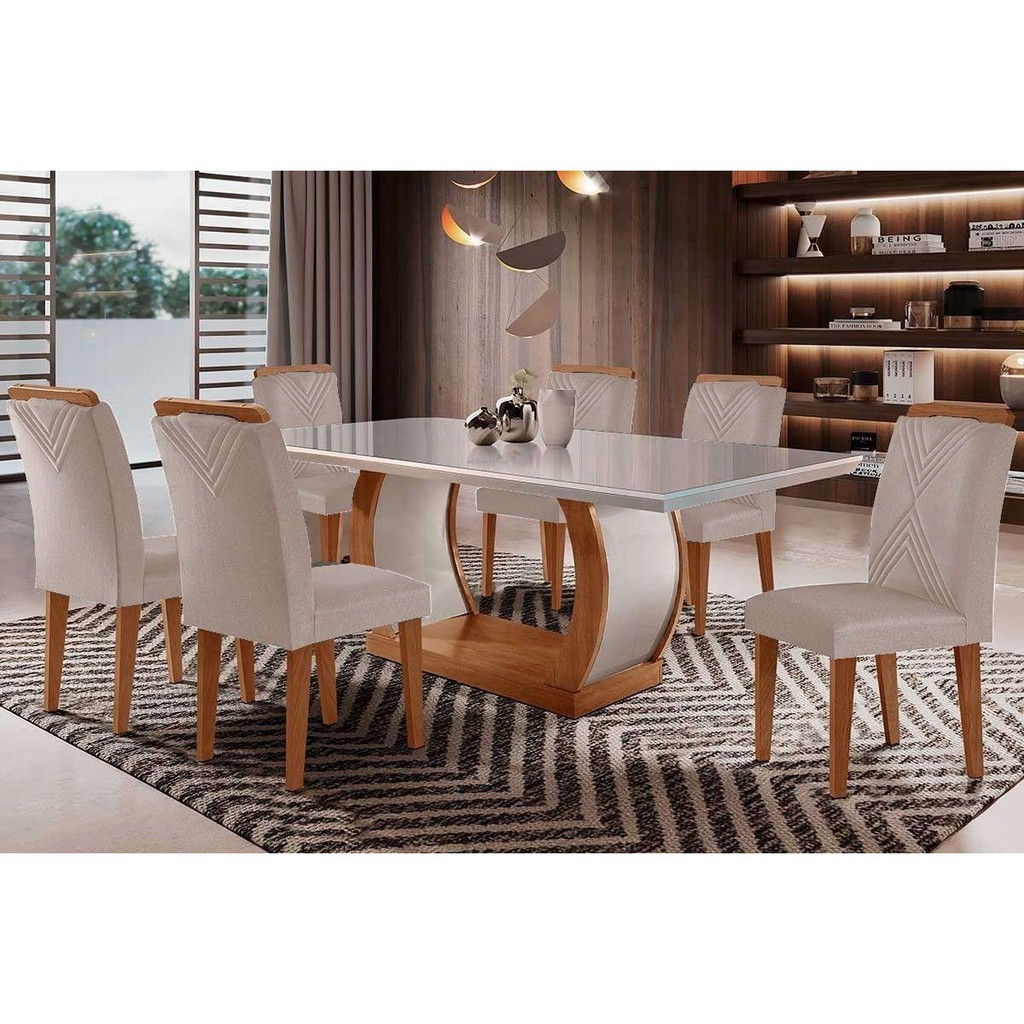 Conjunto: Mesa Sala Jantar Jade Tampo Madeirado c/ Vidro Curvo 180x90 e 6 Cadeiras Amsterdã Imbuia/Suede Creme - Rufato