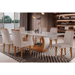 Conjunto: Mesa Sala Jantar Jade Tampo Madeirado c/ Vidro Curvo 180x90 e 6 Cadeiras Amsterdã Imbuia/Suede Creme - Rufato