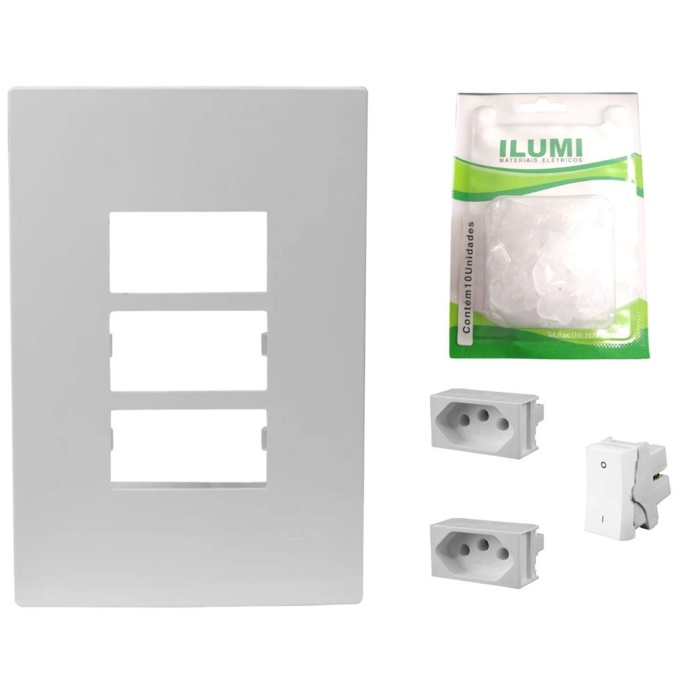 Kit Ilumi Elétrico 2 Tomadas 20A Interruptor Paralelo Placa 3 Postos Embutir Parede Residencial