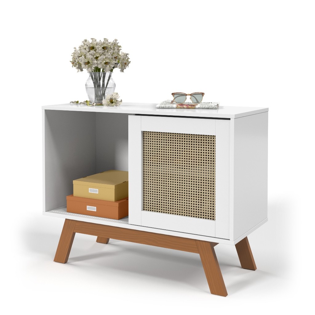 BalcÃo Buffet Aparador Bar Porta de Correr Rattan pés em Madeira - Branco